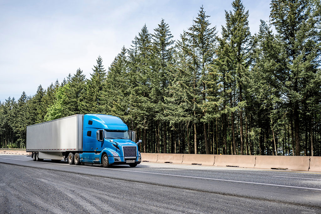 Blue semi truck transporting cargo in dry van