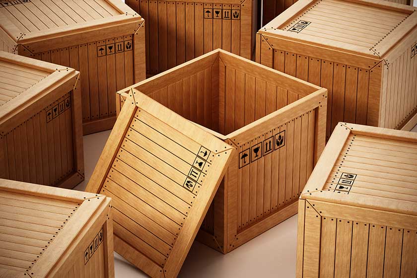 Group of transport crates with one open crate