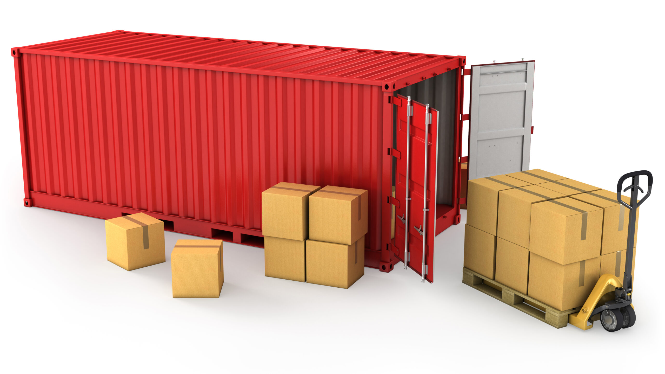Red container and carton boxes on a pallet